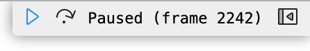 Screenshot of the inspector bar after clicking Pause. There is now a "Play" button on the left, and an "advance to next frame" button beside that. The middle label has changed to say "Paused (frame 2242)". The expand button on the right is still present.