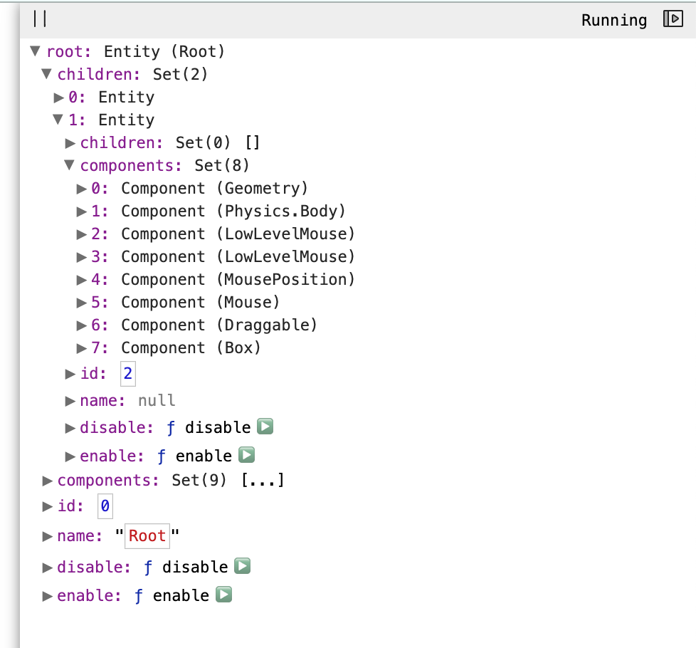 Screenshot of the inspector overlay pane, showing that the Root Entity has two children and 9 components.